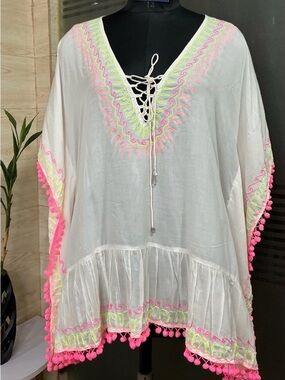 White Swim Cover-Up Tunic with Pink & Neon Trim